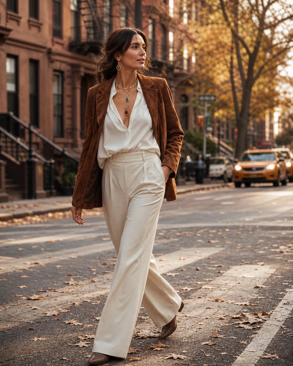 A stylish woman walking across a leaf-strewn New York City street in autumn, wearing an open brown suede jacket over a white blouse with layered Lo Studio jewelry