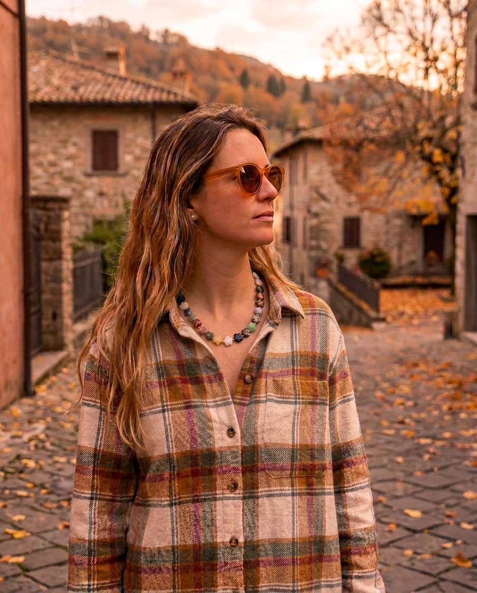 A woman in a plaid flannel shirt wearing the Lo Studio gemstone flower necklace